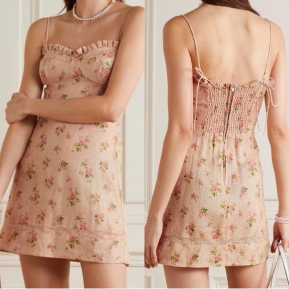 Reformation Dresses & Skirts - REFORMATION ANDIE MINI LINEN DRESS IN PENELOPE PINK FLORAL SIZE 8